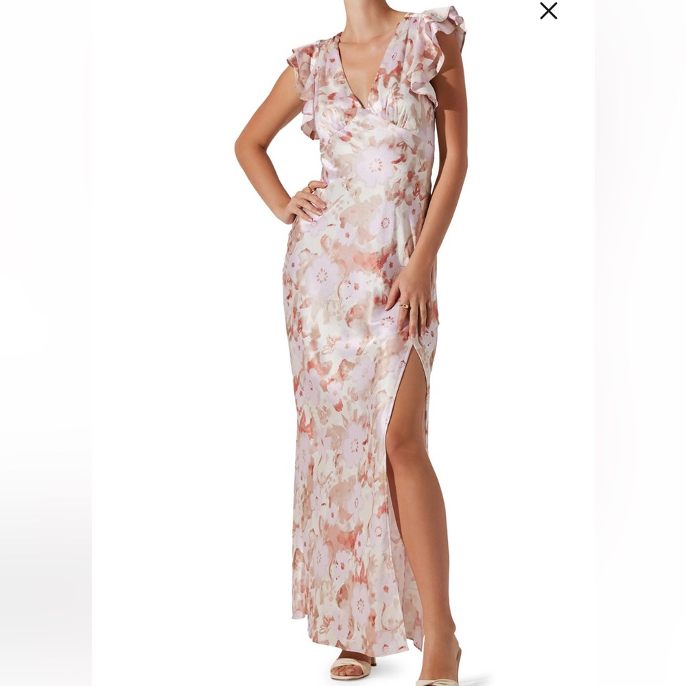 ASTR the Label Floral V-Neck Ruffle Maxi Dress in Blush Pink